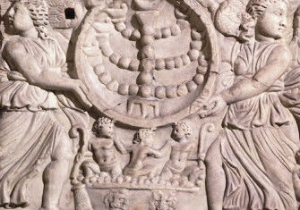 A sarcophagus with a menorah from the Roman catacombs, AD 251-350. A sarcophagus with a menorah from the Roman catacombs, AD 251-350. A sarcophagus with a menorah from the Roman catacombs, AD 251-350. Bridgeman.