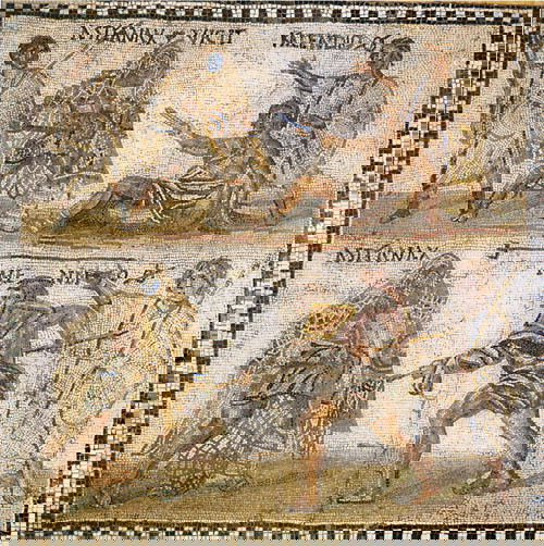 Mosaic at the National Archaeological Museum in Madrid showing a retiarius (net-fighter) named Kalendio fighting a secutor named Astyanax