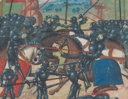 The Battle of Barnet in the Wars of the Roses, from the frontispiece to the Ghent Manuscript, c.1471. Ghent University Library. Public Domain.