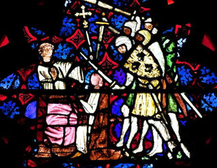 The martyrdom of St Thomas Becket appears in a fourteenth-century stained glass interpretation, which is known as the Becket Window, in Christ Church, Oxford.