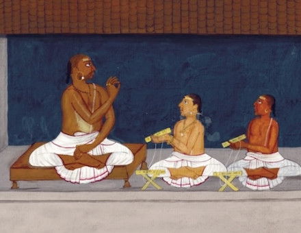 The young Brahmin is committed to the care of a Shastri Brahmin. From The Lives of the Brahmin, an album of 38 watercolour drawings of ceremonies undertaken during  the life of a Brahmin, India, c.1820. British Library/Bridgeman Images.