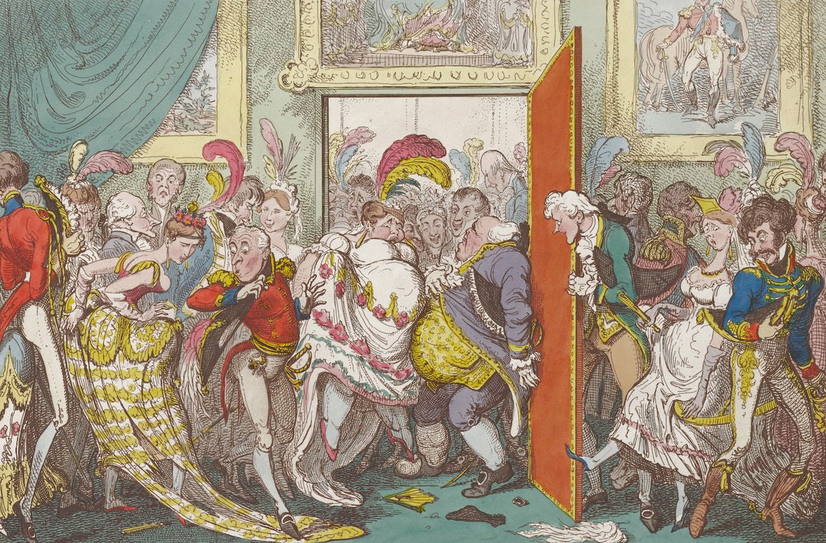 ’Inconveniences of a Crowded Drawing Room, May 6, 1818‘, a royal reception at Buckingham Palace by George Cruikshank. Minneapolis Institute of Art. Public Domain.