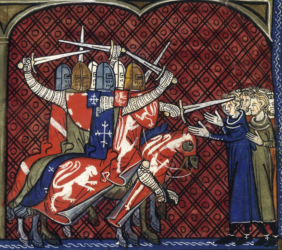 Pope Innocent III declaring the crusade against the Cathars and an attack  on the Albigensians, miniature from the Grandes Chroniques de France ou de Saint Denis, 14th century. British Library/Bridgeman Images.