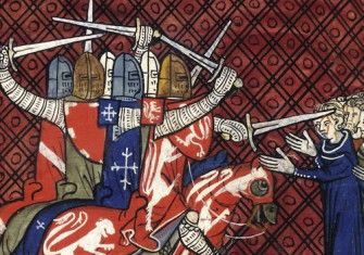 Pope Innocent III declaring the crusade against the Cathars and an attack  on the Albigensians, miniature from the Grandes Chroniques de France ou de Saint Denis, 14th century. British Library/Bridgeman Images.