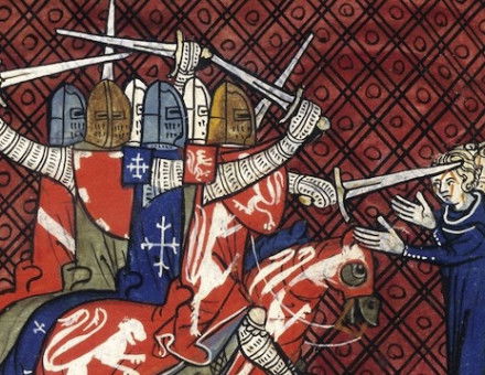 Pope Innocent III declaring the crusade against the Cathars and an attack  on the Albigensians, miniature from the Grandes Chroniques de France ou de Saint Denis, 14th century. British Library/Bridgeman Images.