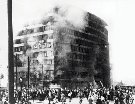 Columbus House on Potsdamer Platz in East Berlin burning after the demonstrations and riots, 17 June 1953. (Getty Images)