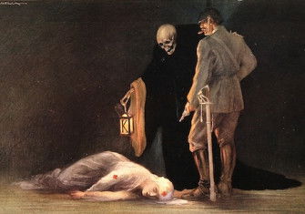 Edith Cavell lies dead before a German officer, process print after T. Corbella, 1915. Wellcome Collection. Public Domain.