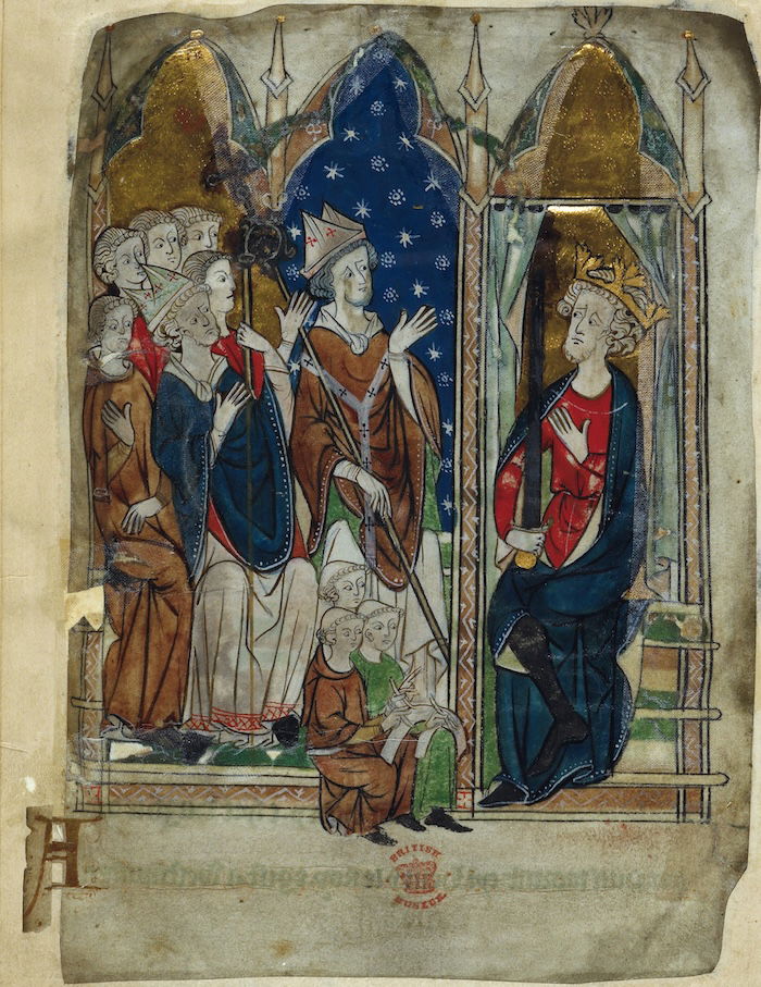 King Edward with his court and clerks, from Les Roys de Engeltere, Anglo-Norman manuscript, c.1300. British Library/Bridgeman Images.