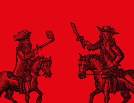 A highwayman with a pistol robs a traveller armed only with a sword. Woodcut from a Roxburghe Ballad, 1682. Mary Evans Picture Library.