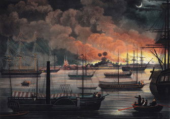 ‘The Conflagration of Dalla on the Rangoon River’, from Eighteen views taken at and near Rangoon, by Joseph Moore, 1825. British Library/Bridgeman Images.