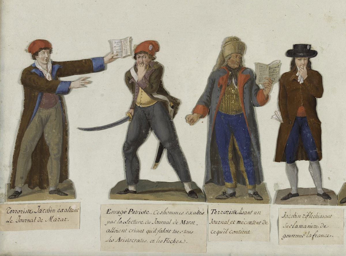 Revolutionaries brandishing Murat’s journal, Jean-Baptiste Lesueur, c.1793-4. Musée Carnavalet, Histoire de Paris. Public Domain.