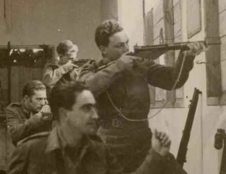 A Haganah unit defends its base in Safad, 1948. United States Holocaust Memorial Museum, courtesy of Sam Schalkowsky.