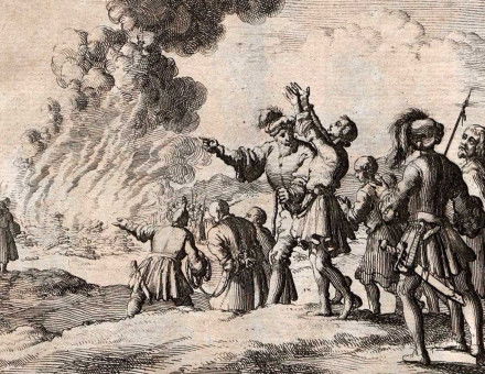 The burning of the Orléans heretics, by Jan Luyken, from Martyrs Mirror, 1685. Artokoloro/Alamy Stock Photo.