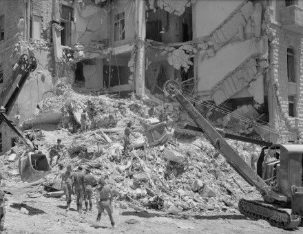 Engineers clear the debris of the King David Hotel, 22 July 1946. Library of Congress, G. Eric and Edith Matson Photograph Collection. Public Domain.