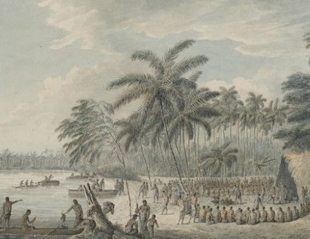 A view at Nomuka, Tonga, from the account of James Cook’s third voyage, c. 1784. Dixson Library, State Library of New South Wales. Public Domain.