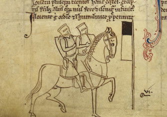 Two Templar Knights on one horse, symbol of the Knights Templar, illustration from Matthew Paris' 'Historia Anglorum', 1250-54. © British Library Board. All Rights Reserved/Bridgeman Images.
