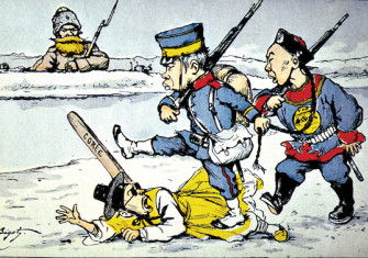 Satirical illustration of the Russo-Japanese War, depicting a Japanese soldier stepping on a Korean as a Russian looks on. By Georges Ferdinand Bigot, Paris, c.1904. Chronicle of World History / Alamy Stock Photo