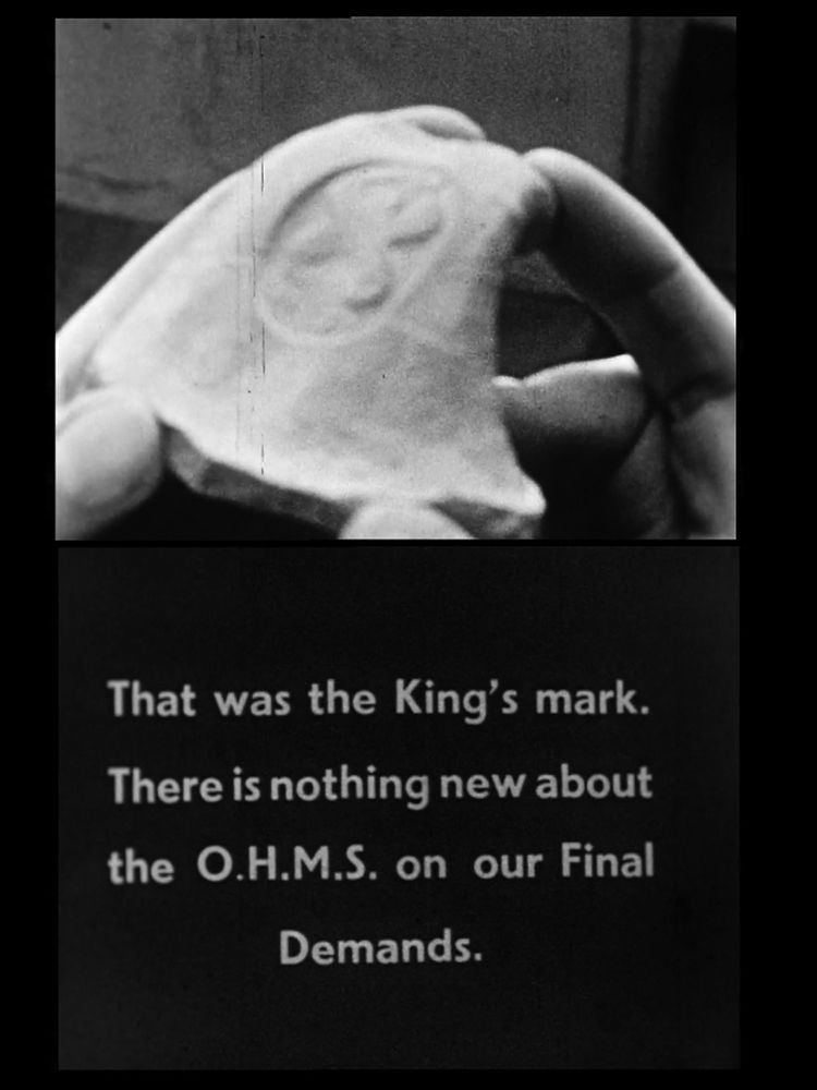 An ancient seal impression on a piece of pottery and the intertitle that immediately follows it. Courtesy of the UCL Institute of Archaeology. Courtesy UCL Institute of Archaeology.