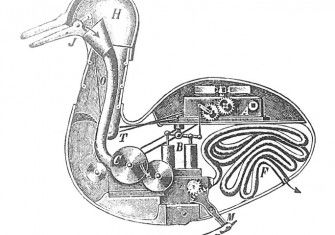 The mechanical duck, constructed by Jacques de Vaucanson (1709-1782), inventor of silk-weaving machinery.