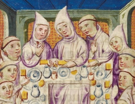 Carthusian monks at the dining table, from an account of rules of the Carthusian Order, the Netherlands, 15th century. British Library/Bridgeman Images.