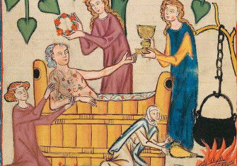 Jakob von Wart taking his bath, from the Codex Manesse, Switzerland, c.1305-40. The Protected Art Archive/Alamy Stock Photo
