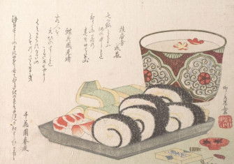 Sushi and New Year’s sake, woodblock print by Ryūryūkyo Shinsai, c. 1810. Metropolitan Museum of Art. Public Domain.