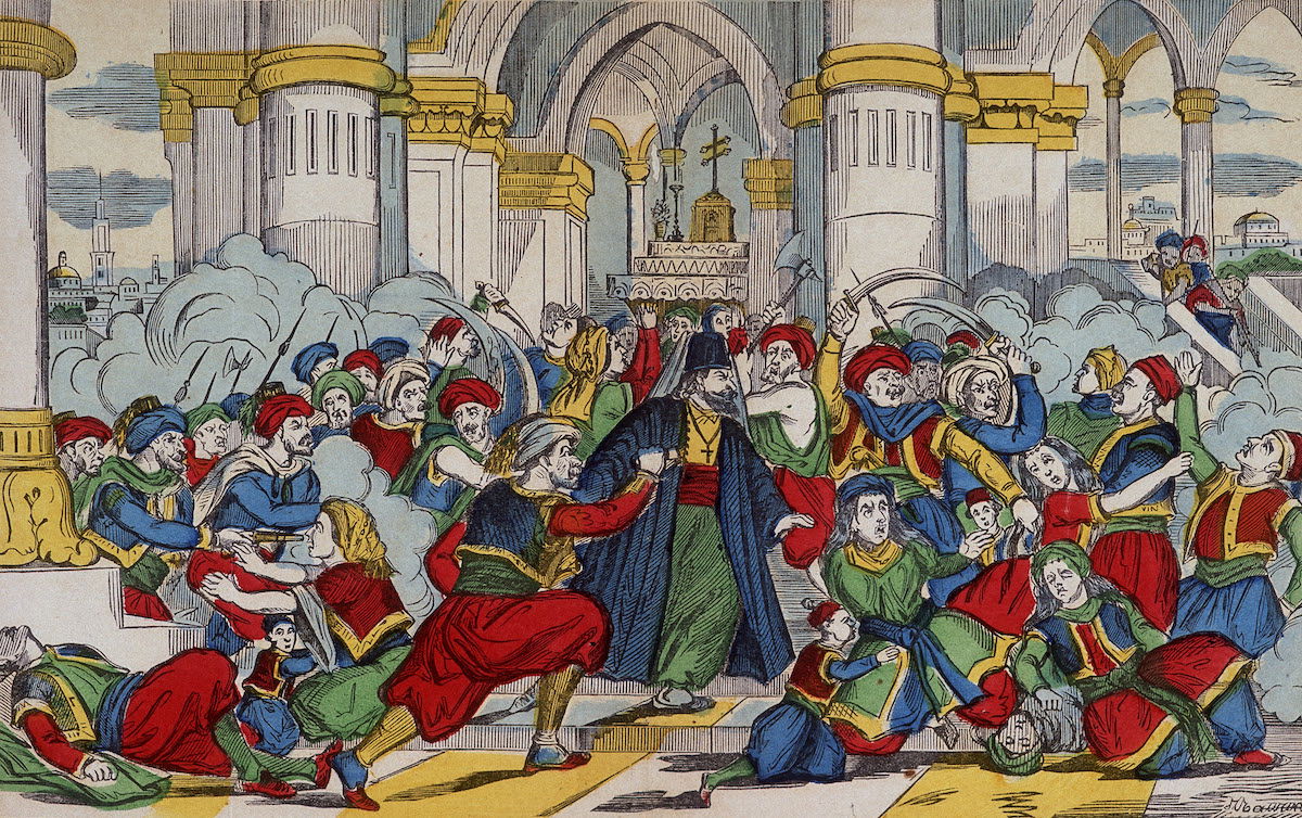 Massacre of Christians in Syria, French illustration, late 19th century. Universal History Archive/Getty Images.