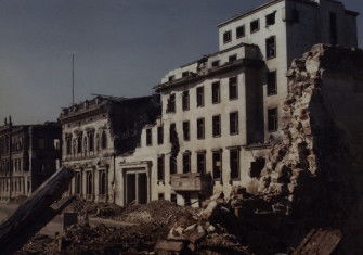 Ruins of the Reich Chancellery in Berlin, 1945. National Archives. Public Domain.