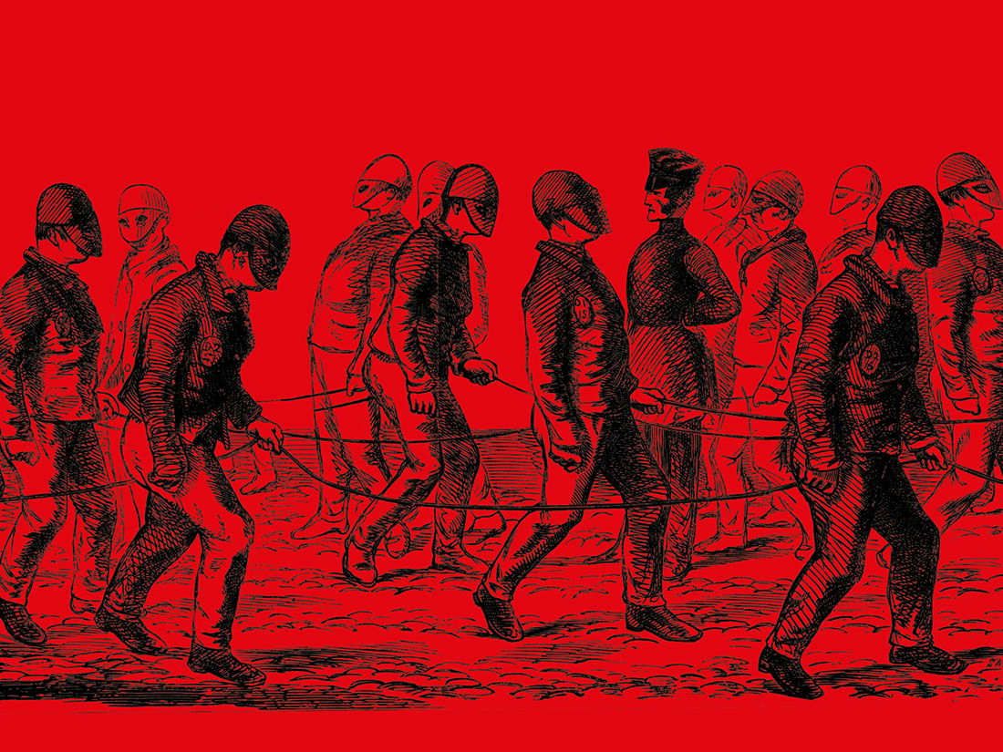 Convicts wearing ‘mask hats’ exercising at Pentonville Prison. Engraving by Swain after Bennett, c.1870. © Getty Images.