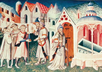 Pilgrims in front of the Church of the Holy Sepulchre in Jerusalem, from Liber peregrinationis, French, c.1410 © Bridgeman Images.