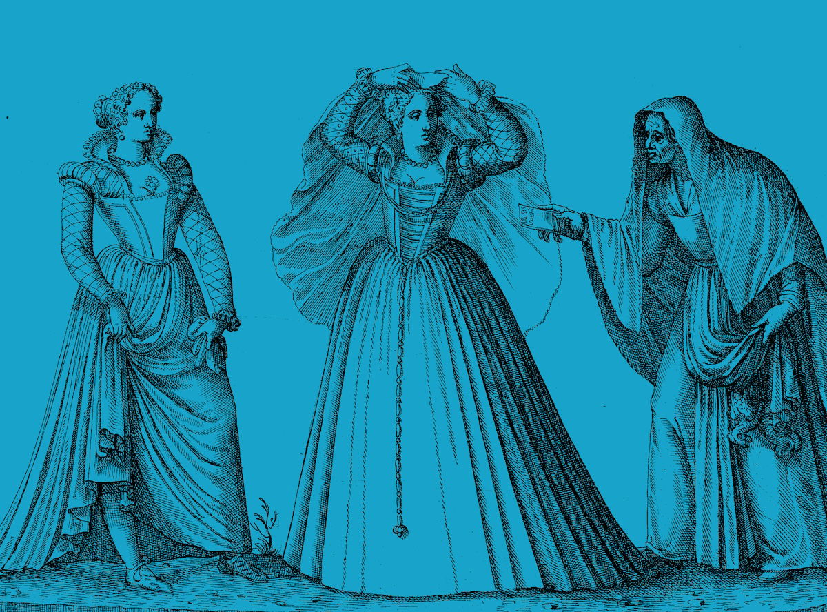 Two prostitutes and a procurer, engraving by Bartolomeo Grassi, from Veri Ritratti, 1585. Rijksmuseum. Public Domain.