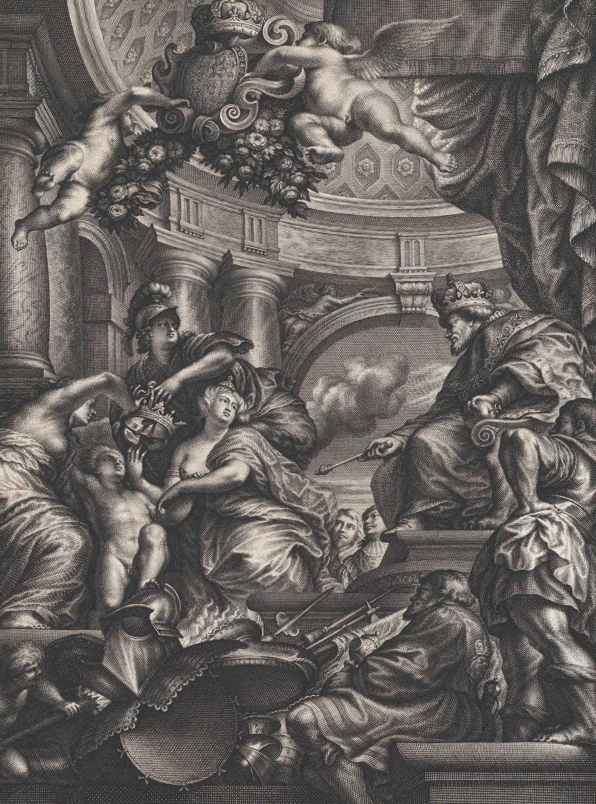 An allegorical scene showing the benefits of James I’s reign, by Simon Gribelin II after Peter Paul Rubes, 1720. Metropolitan Museum of Art. Public Domain.