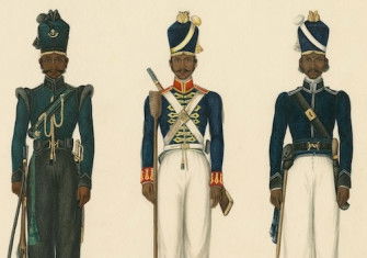 A watercolour of uniforms worn by sepoys of the Madras army of the British East India Company, c. 1825. 