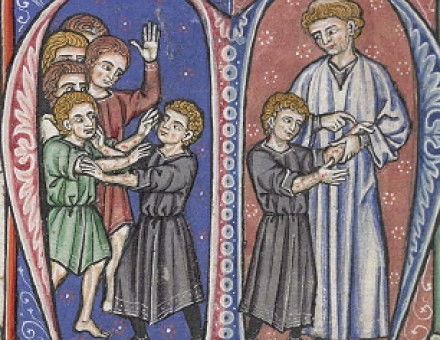 William of Tyre discovers Baldwin's first symptoms of leprosy (MS of L'Estoire d'Eracles (French translation of William of Tyre's Historia), painted in France, 1250s.