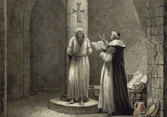A prisoner of the Inquision in this imagined scene by Jean Louis Desprez, c. 1789. Albertina. Public Domain.