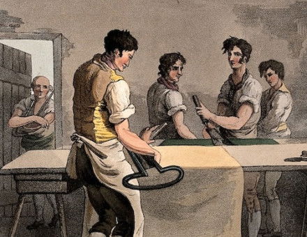 Four cloth-dresses – or croppers – smoothing a sheet of wool, Yorkshire, by George Walker, 1 September 1813. Wellcome Collection. Public Domain.