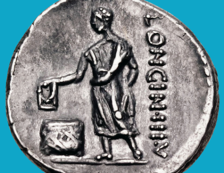 Silver denarius of Cassius Longinus, depicting a citizen casting a ballot, 63 BC. CNG coins.