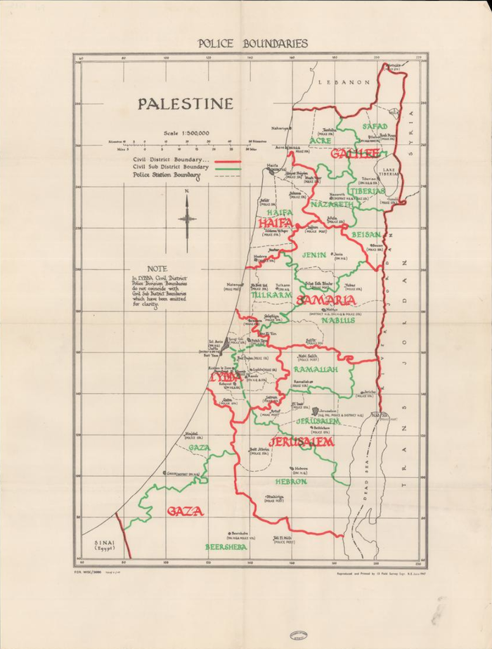 Police boundaries in the British Mandate of Palestine, 1947. National Library of Israel. Public Domain.